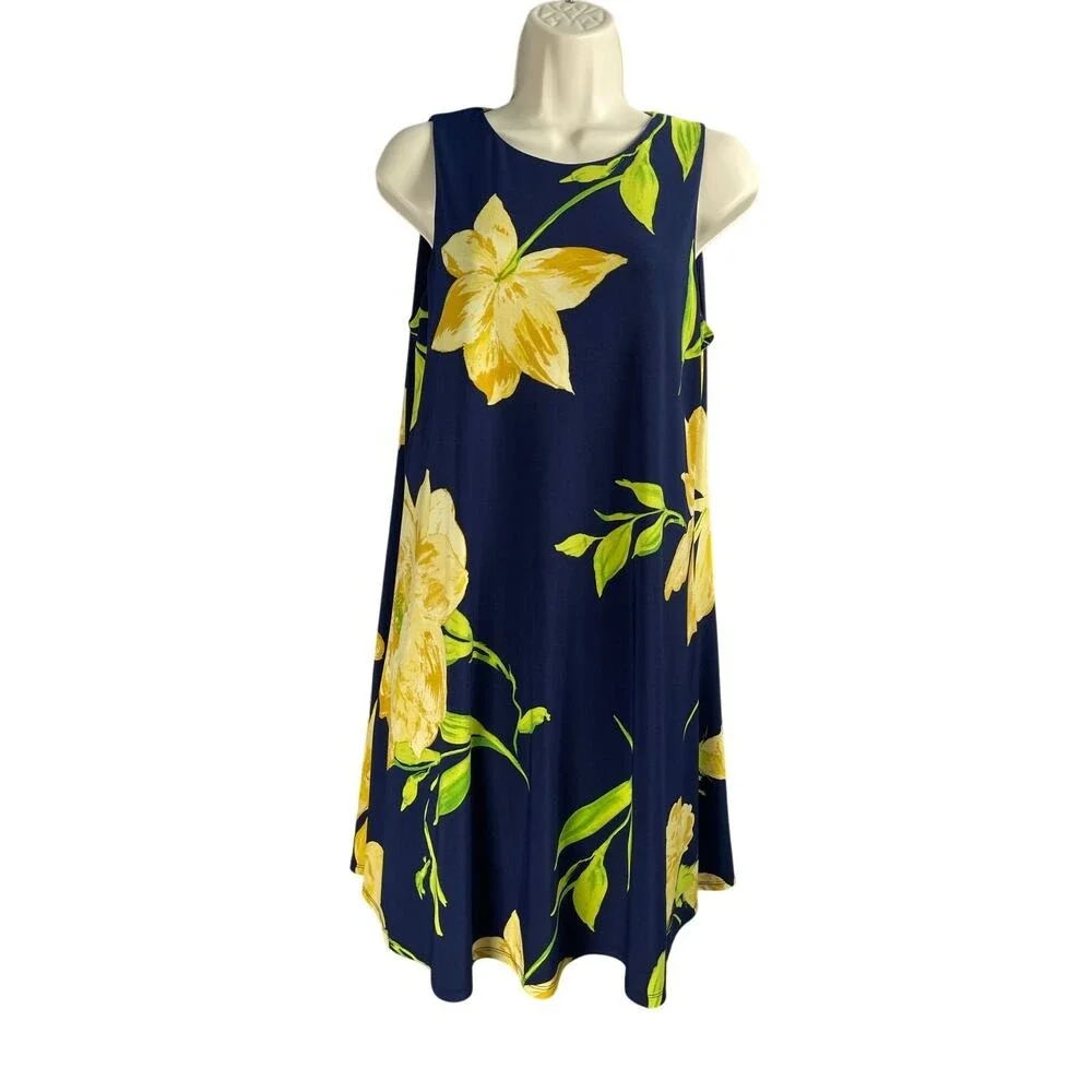 Anne Klein Dress 8 Navy Golden Floral A-line Swing Sleeveless Travel Vacation